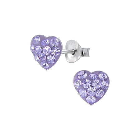 Children's Sterling Silver 'Violet Purple Crystal Love Heart' Stud Earrings