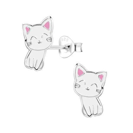 Children's Sterling Silver 'Cute Grey Cat' Stud Earrings