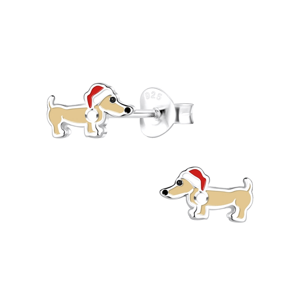 Children's Sterling Silver Christmas Sausage Dog / Dachshund Stud Earrings (Light Brown)