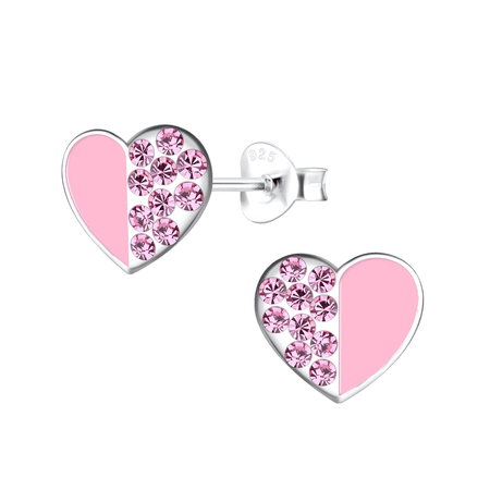 Children's Sterling Silver 'Pink Glitter Heart with Paw Print' Stud Earrings