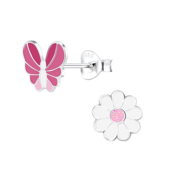 Children's Sterling Silver 'Butterfly and Flower' Stud Earrings