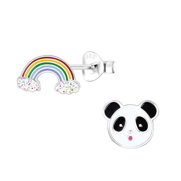 Children's Sterling Silver 'Panda and Rainbow' Stud Earrings