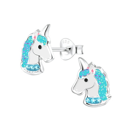 Children's Sterling Silver 'White and Pink Winged Unicorn' Stud Earrings
