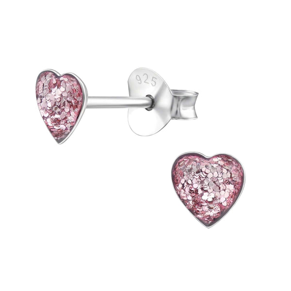 Children's Sterling Silver Purple Glitter Heart Stud Earrings
