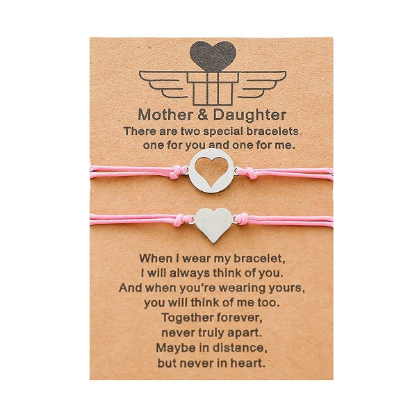 Adjustable Mother and Daughter Heart Wish Bracelets with Presentation Card - Powder Pink