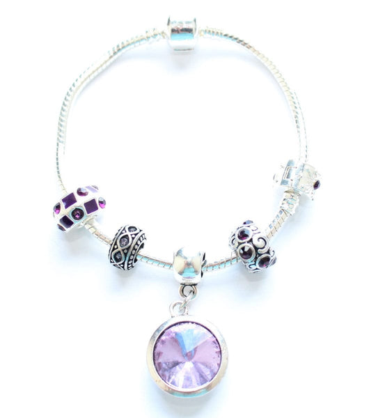 Adult's 'June Birthstone' Amethyst Coloured Crystal Silver Plated Charm Bead Bracelet