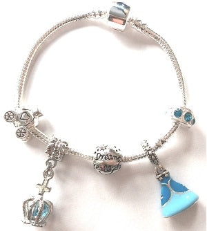Children's Blue 'Fairytale Princess' Silver Plated Charm Bead Bracelet