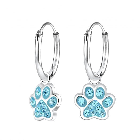 Children's Sterling Silver 'Blue Crystal Paw' Hoop Earrings