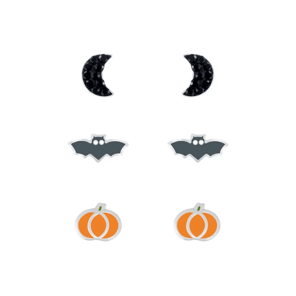 Children's Sterling Silver Set of 3 Pairs of Halloween Themed Stud Earrings