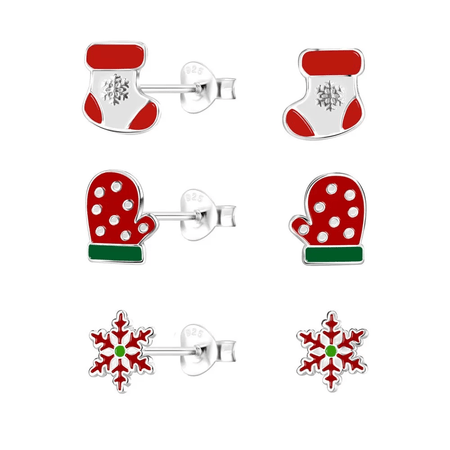 Children's Sterling Silver Christmas Snowman with Green Scarf Stud Earrings