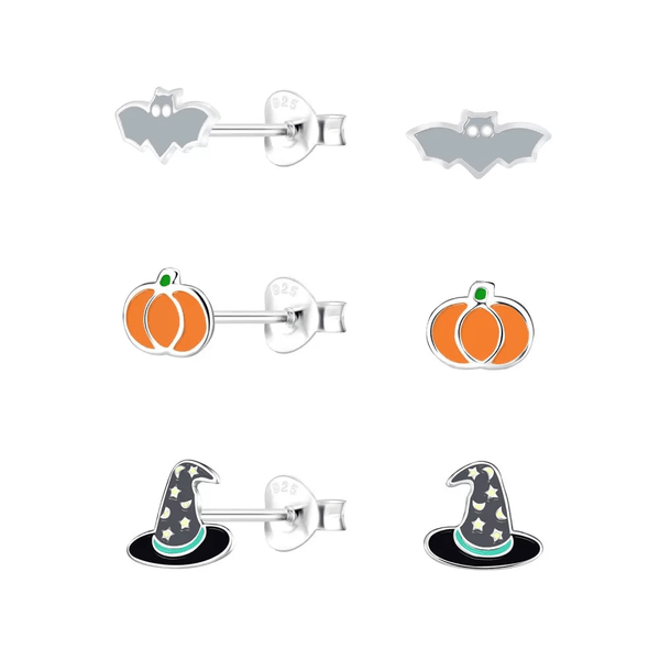 Children's Sterling Silver Set of 3 Pairs of Spooky Halloween Themed Stud Earrings