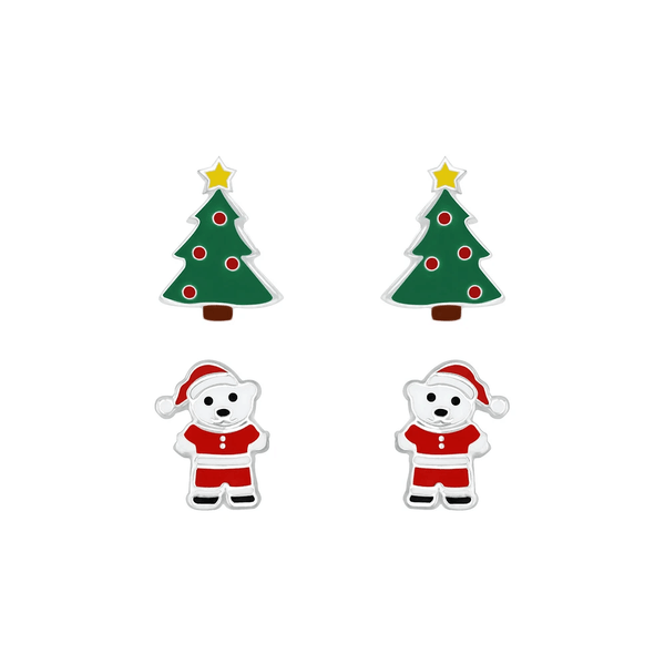 Children's Sterling Silver Set of 2 Pairs of Christmas Tree and Santa Bear Stud Earrings
