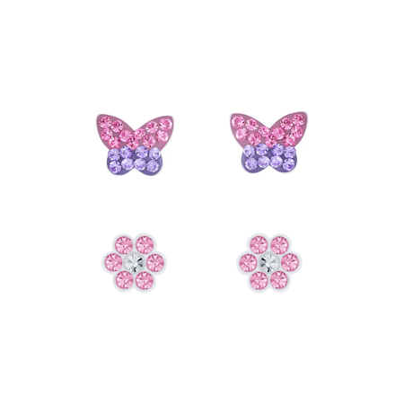 Children's Sterling Silver Set of 2 Pairs of Purple and Pink Flying Unicorn Stud Earrings