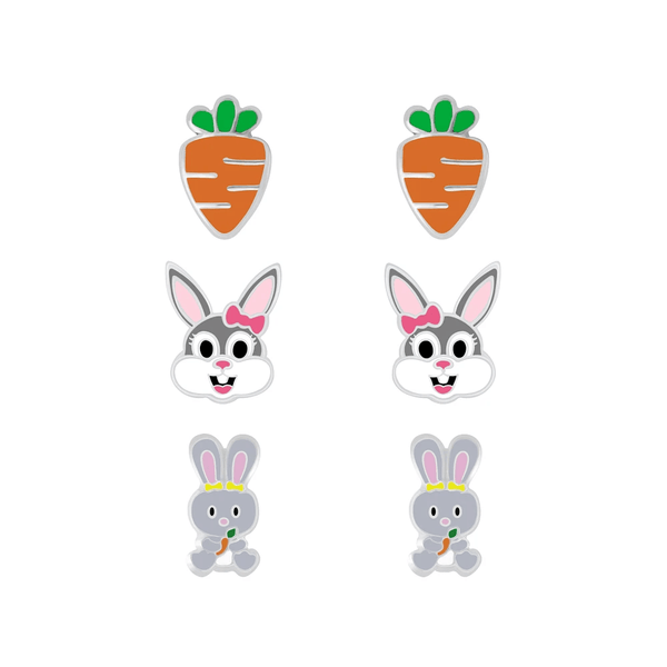 Children's Sterling Silver Set of 3 Pairs of Easter Bunny Themed Stud Earrings