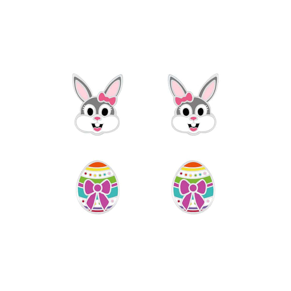 Children's Sterling Silver Set of 2 Pairs of Easter Bunny Rabbit and Easter Egg Stud Earrings