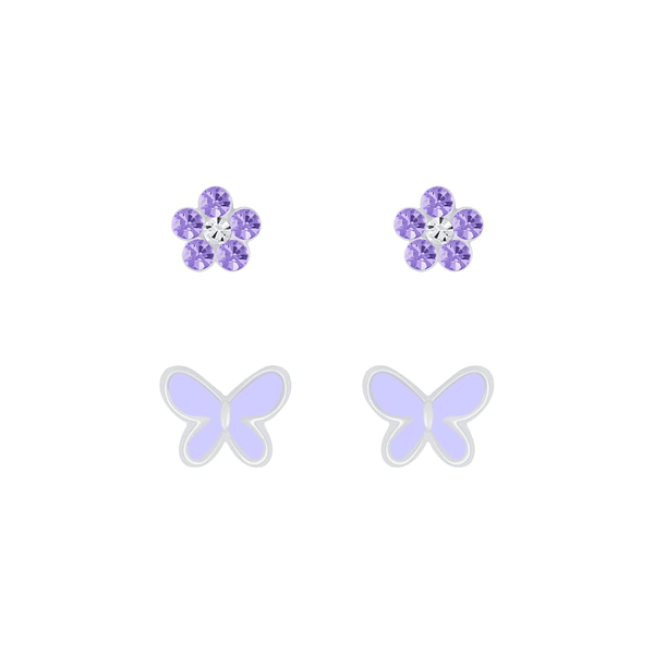 Children's Sterling Silver Set of 2 Pairs of Purple Themed Stud Earrings