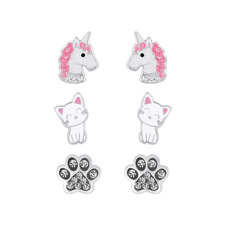 Children's Sterling Silver Set of 2 Pairs of Sparkle Rainbow and Unicorn Stud Earrings