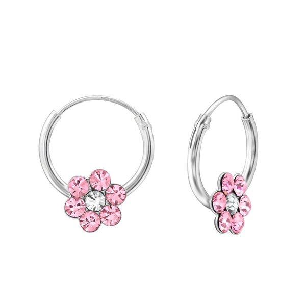 Children's Sterling Silver 'Pink Diamante Crystal Flower' Hoop Earrings
