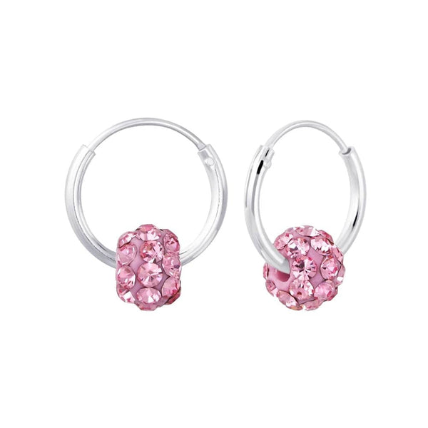 Children's Sterling Silver 'Pink Diamante Crystal Ball' Hoop Earrings