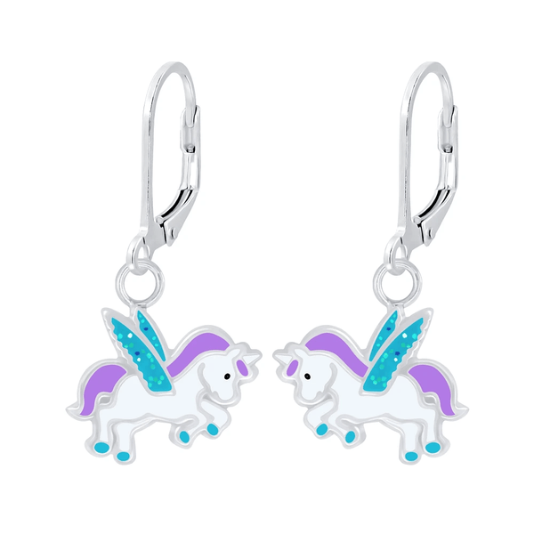 Children's Sterling Silver 'Unicorn with Glittered Wings' Lever Back Earrings