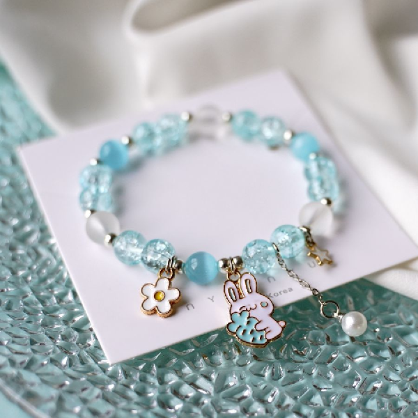 Children's 'Easter Bunny with Carrot' Aqua Blue Stretch Bead Bracelet