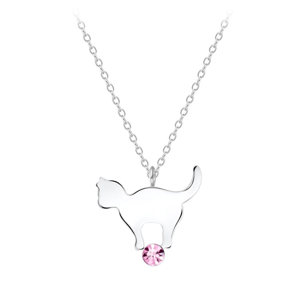 Children's Sterling Silver 'Cat With Pink Crystal' Pendant Necklace