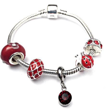 Teenager's 'July Birthstone' Ruby Coloured Crystal Silver Plated Charm Bead Bracelet