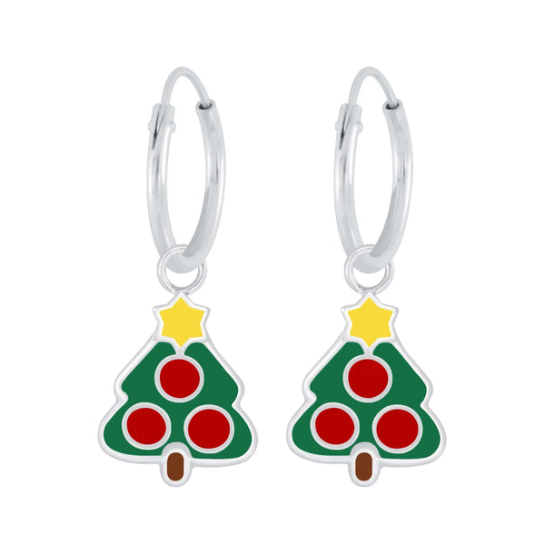 Children's Sterling Silver 'Christmas Tree with Red Baubles' Hoop Earrings