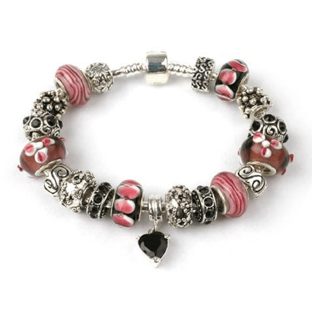 Adult's Pink 'Candy Heart' Silver Plated Charm Bead Bracelet