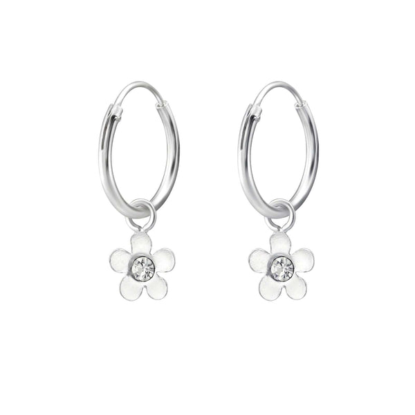 Children's Sterling Silver 'Flower with Crystal' Hoop Earrings