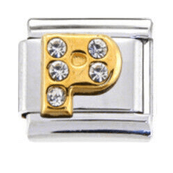 Stainless Steel 9mm Shiny 'Crystal Letter P' Link for Italian Charm Bracelet