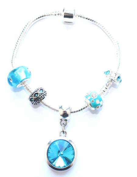 Adult's 'December Birthstone' Turquoise Coloured Crystal Silver Plated Charm Bead Bracelet