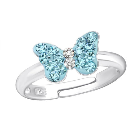 Children's Sterling Silver Adjustable Blue Diamante Butterfly Ring