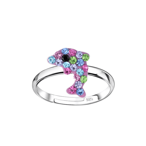 Children's Sterling Silver Adjustable 'Multicoloured Crystal Dolphin' Ring