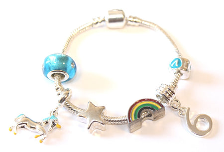 Children's 'Magical Unicorn 5th Birthday' Silver Plated Charm Bead Bracelet