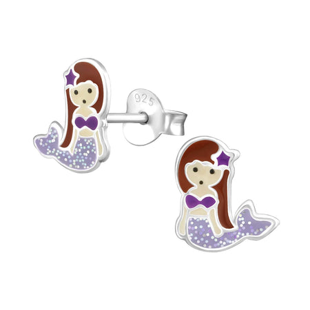 Children's Sterling Silver 'Violet Purple Sparkle Mermaid Tail' Stud Earrings