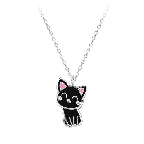 Children's Sterling Silver 'Cute Black Cat' Pendant Necklace