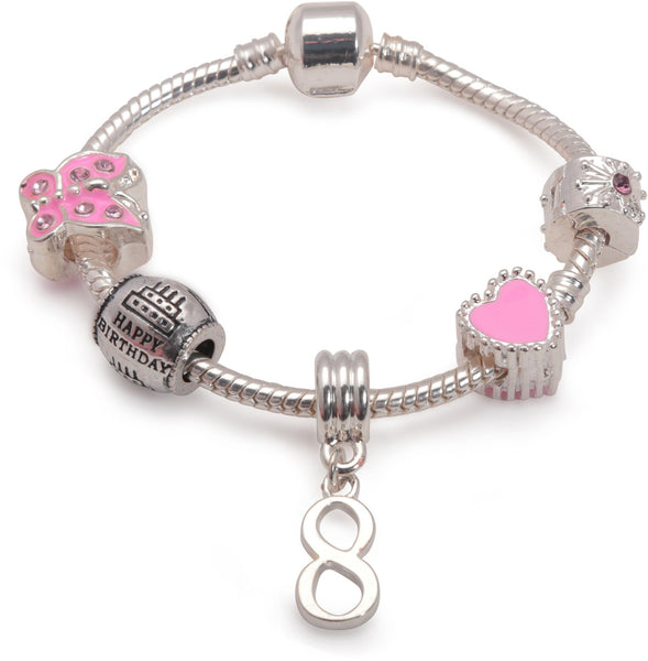 Children's Pink 'Happy 8th Birthday' Silver Plated Charm Bead Bracelet