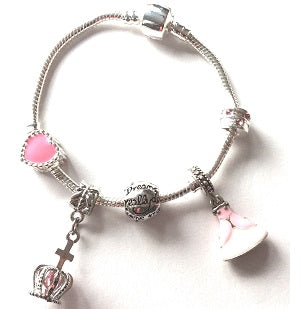 Children's Personalised Name 'Birthday Girl' Pink Leather Charm Bead Bracelet
