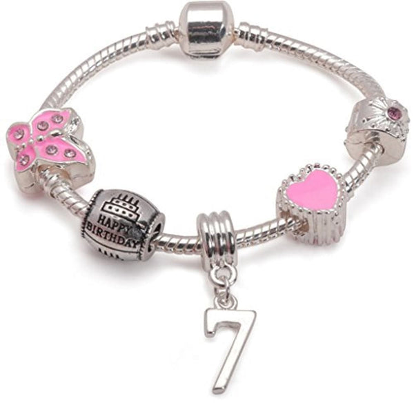 Childrens Pink 'Happy 7th Birthday' Silver Plated Charm Bead Bracelet