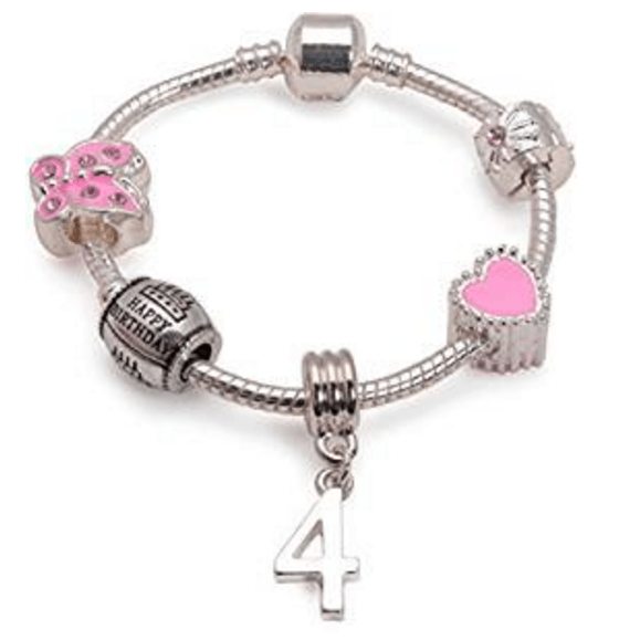 Pink 4th Birthday Silver Charm Bracelet Gifts For 4 Year Old Girl Liberty Charms