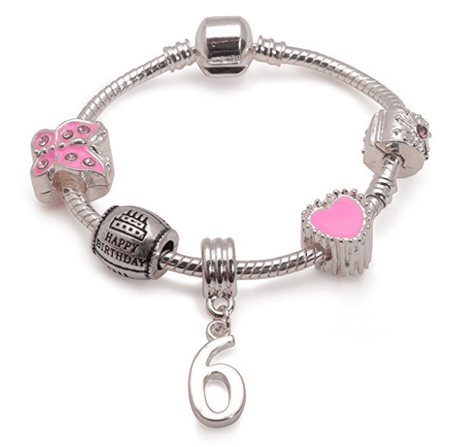 Children's Pink 'Happy 9th Birthday' Silver Plated Charm Bead Bracelet