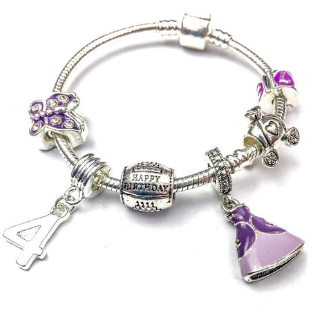 Children's Purple 'Happy 9th Birthday' Silver Plated Charm Bead Bracelet