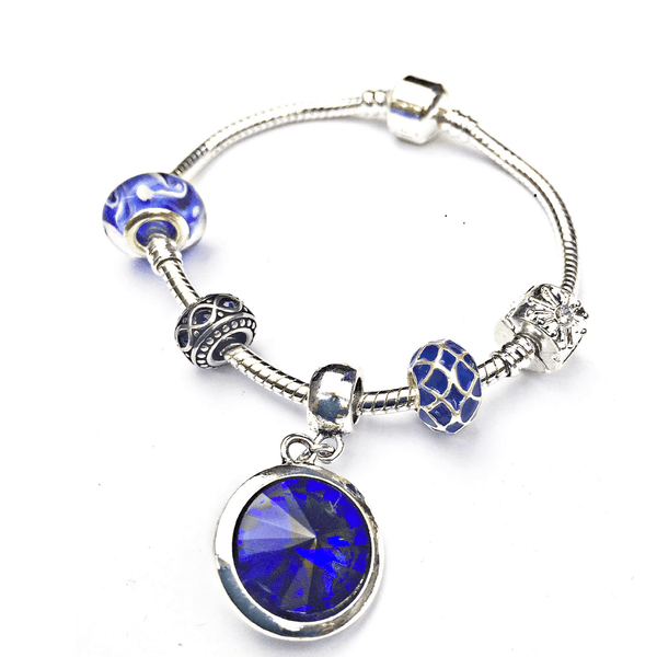 Teenager's 'September Birthstone' Sapphire Coloured Crystal Silver Plated Charm Bead Bracelet
