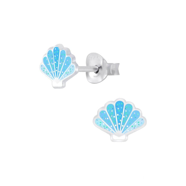 Children's Sterling Silver Blue Glitter Shell Stud Earrings