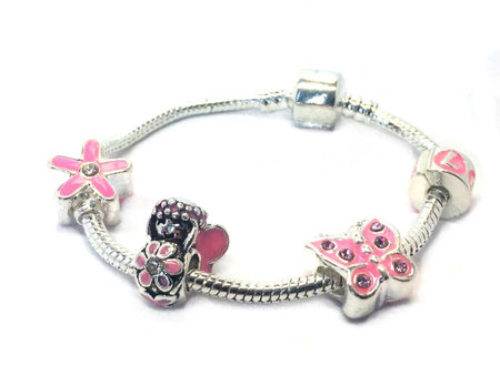 Children's Personalised Name 'Think In Pink' Silver Plated Charm Bead Bracelet