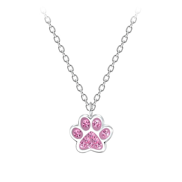 Children's Sterling Silver 'Pink Crystal Paw' Pendant Necklace