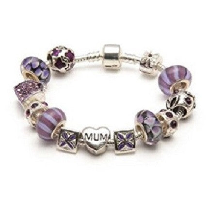Mum 'Purple Haze' Silver Plated Charm Bead Bracelet
