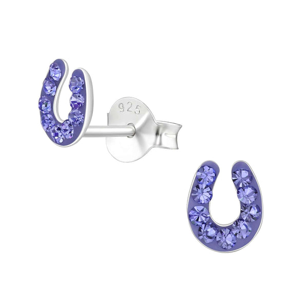 Children's Sterling Silver 'Purple Sparkle Horseshoe' Crystal Stud Earrings