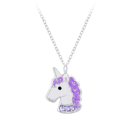 Children's Sterling Silver White and Purple Unicorn Pendant Necklace